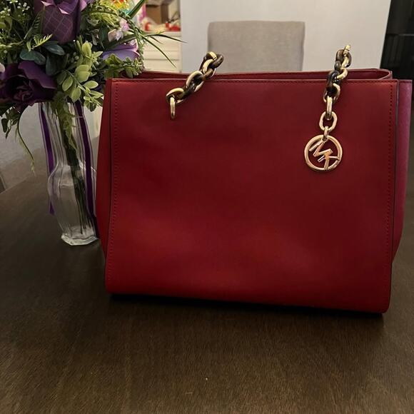 Michael Kors Women’s Leather Tote Bag Burgundy Red Gold Chain Shoulder Purse - Picture 1 of 9